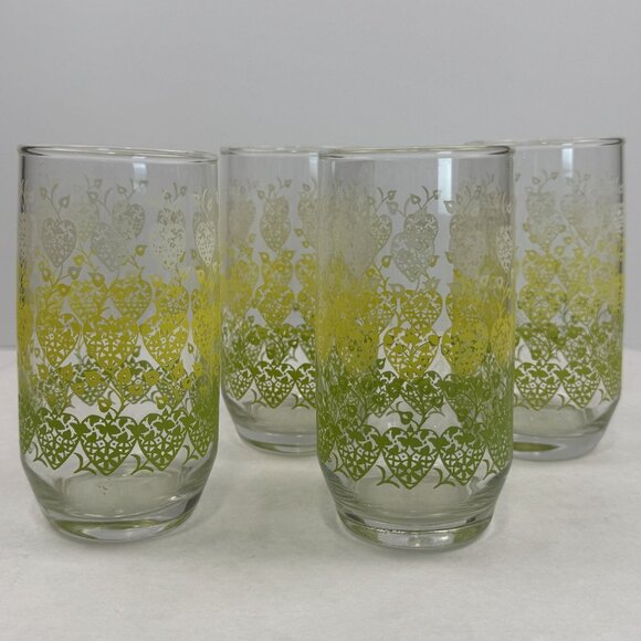 Anchor Hocking Other - Set Of 4 Vintage Green Yellow Ombre Hearts and Vines Glass Tumblers 12 oz MCM